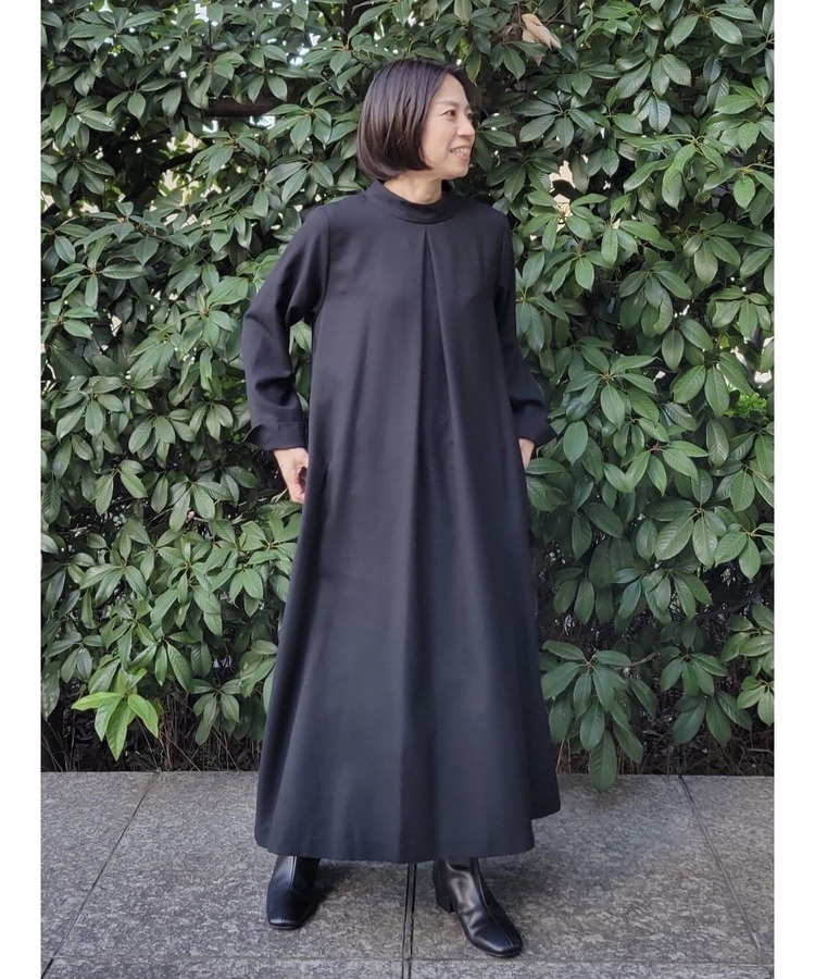 ウール混ビエラスタンドカラーワンピース 詳細画像 ブラック