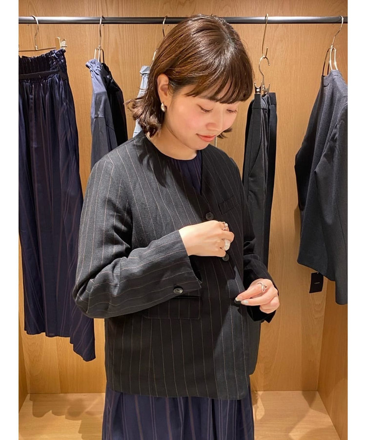 ウールリネンヘリンボーンストライプノーカラージャケット 詳細画像