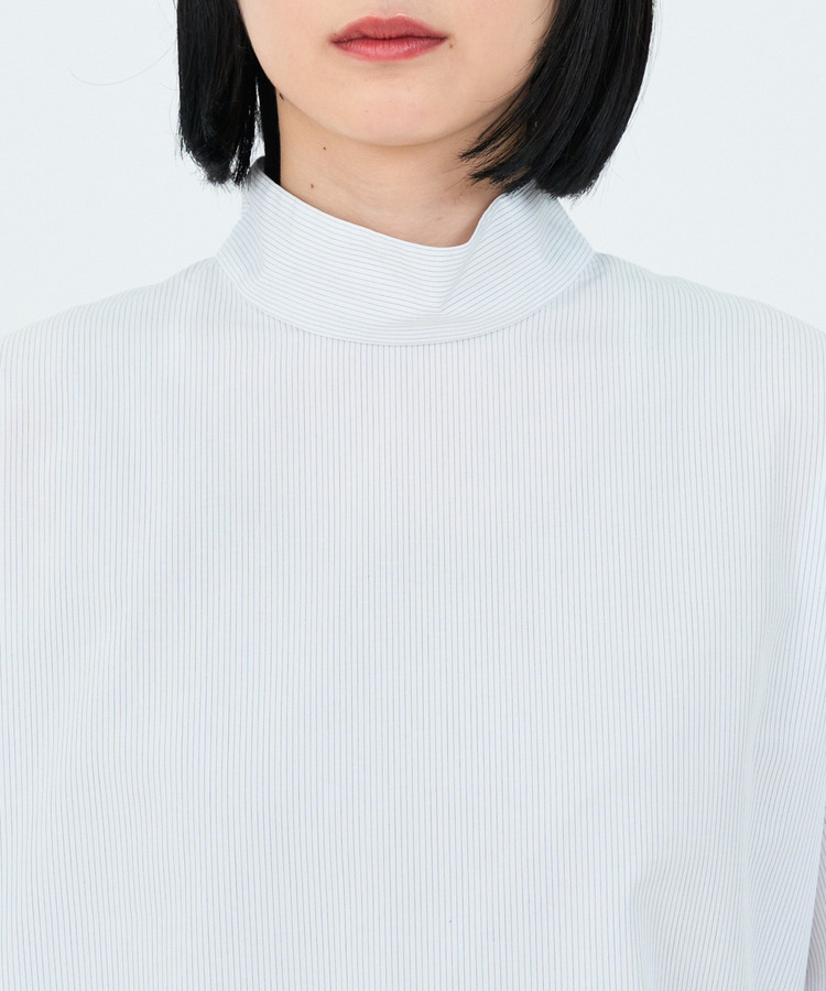 コットンピンストライプハイネックブラウス 詳細画像