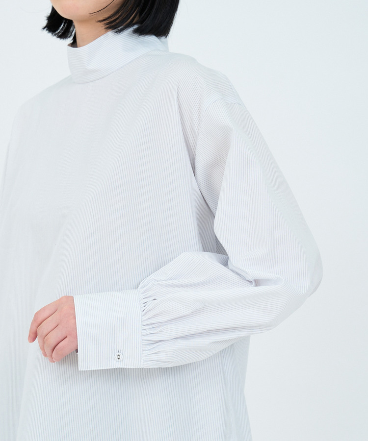 コットンピンストライプハイネックブラウス 詳細画像