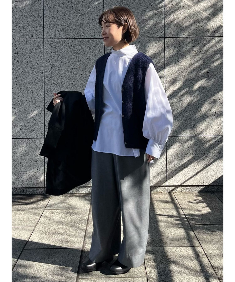 コットンピンストライプハイネックブラウス 詳細画像