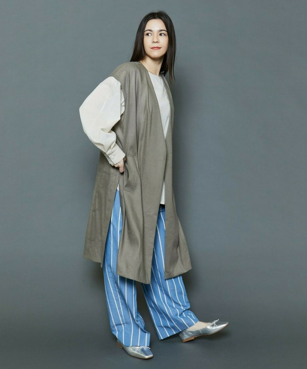 [MOGA Collection]ソフトリネンストライプワイドパンツ 詳細画像