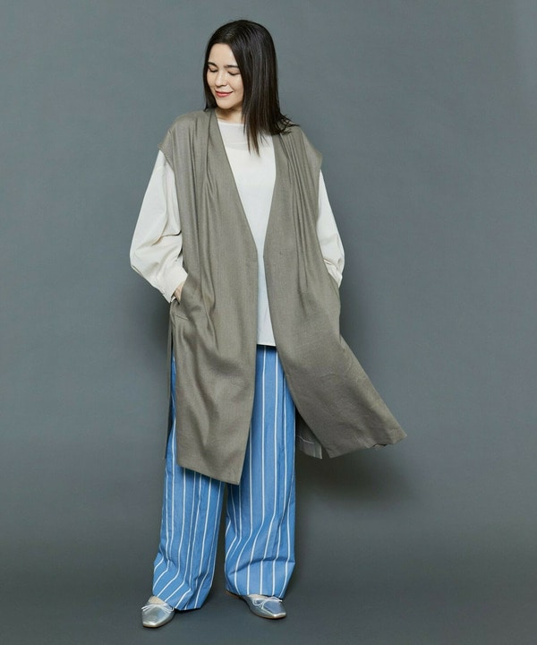 [MOGA Collection]ソフトリネンストライプワイドパンツ 詳細画像