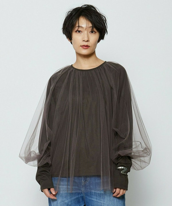 ソフトチュール&times;天竺ドッキングプルオーバー 詳細画像 ブラウン