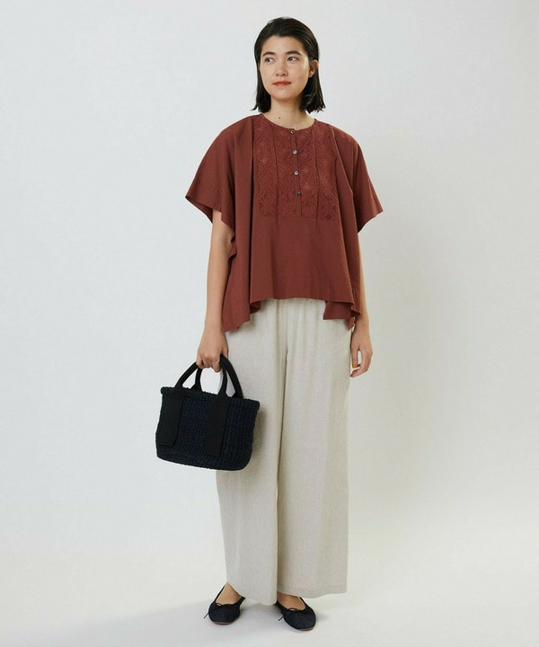 コットンレーヨンローンボタニカルダイポンチョブラウス 詳細画像