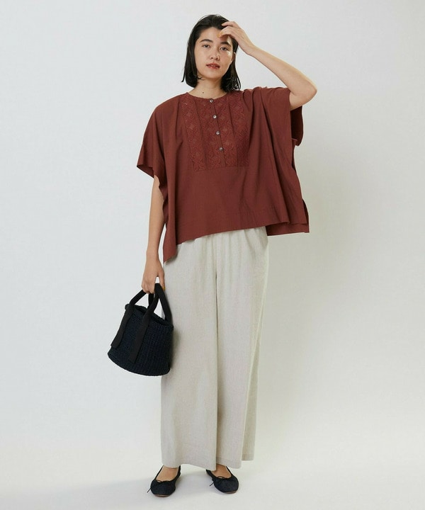 コットンレーヨンローンボタニカルダイポンチョブラウス 詳細画像